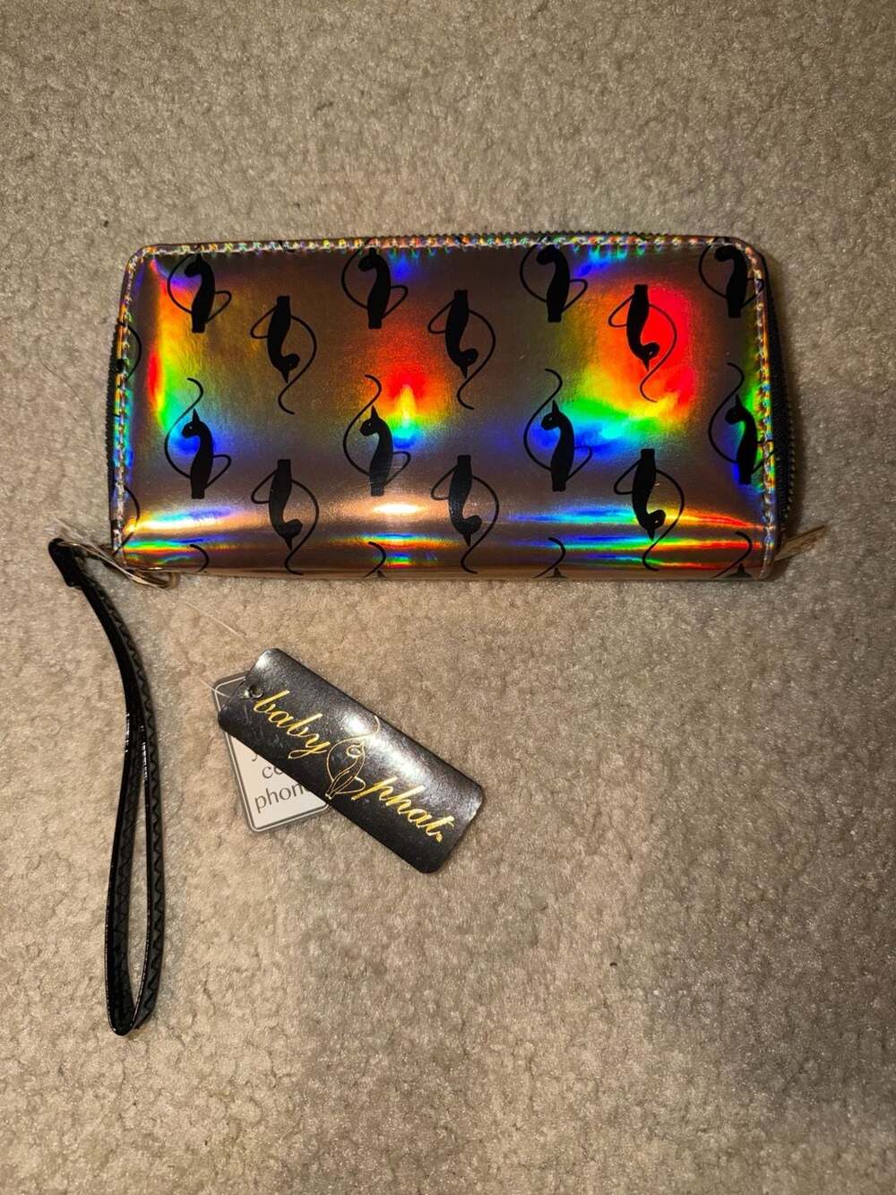 Baby Phat Holographic Cat Print Zip-Around Wallet with Wristlet Strap